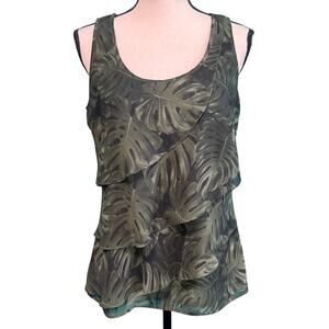 Michael Kors Green Botanical Layered Ruffle Round Neck Sleeveless Blouse Medium